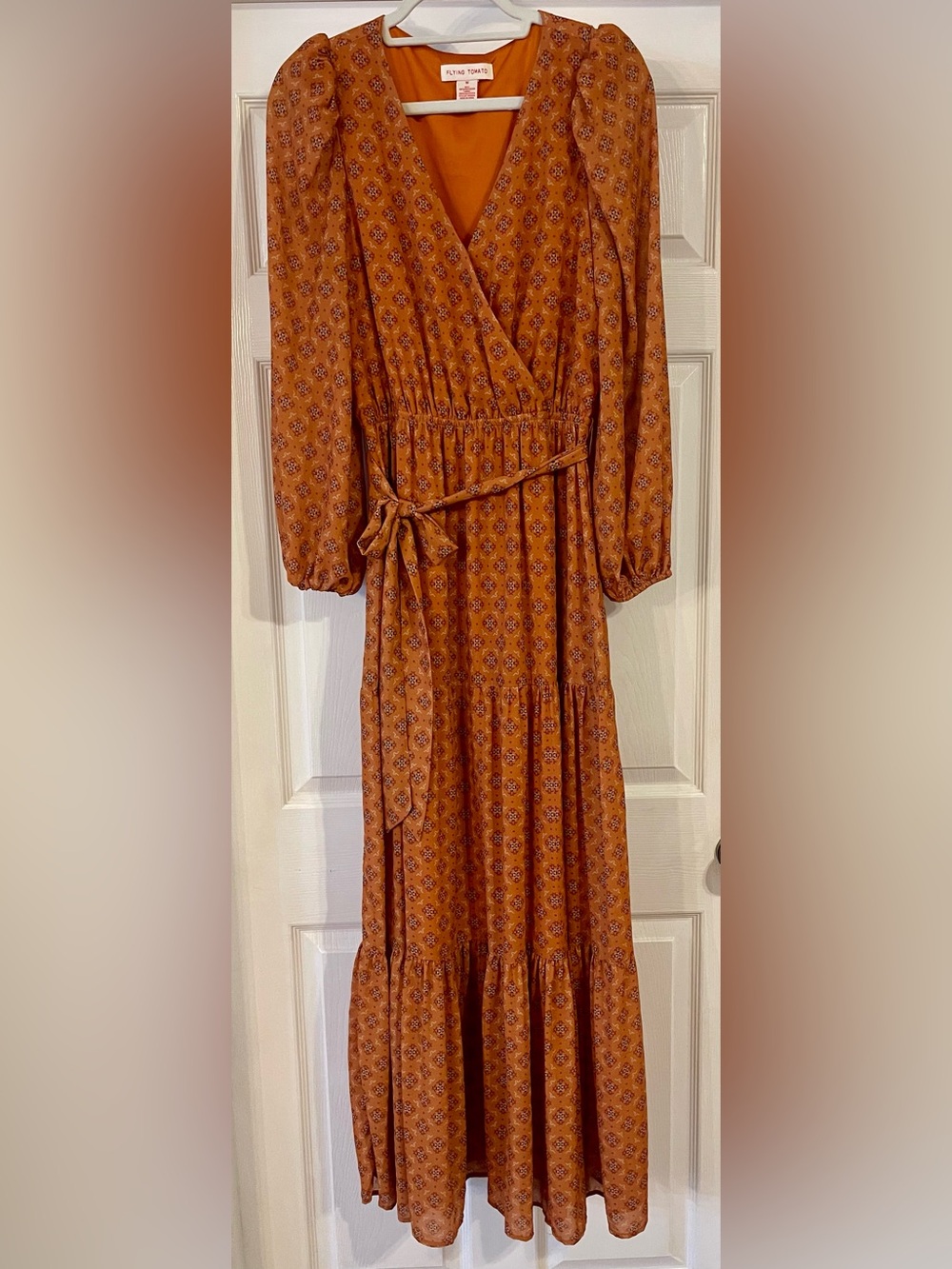Flying Tomato Long Sleeve Orange Patterned Maxi Dress with Tie Size M